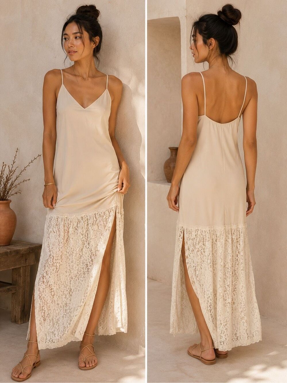 NWOT Gold Hawk Silk Lace Slip Dress Ivory Maxi Side Slits Small